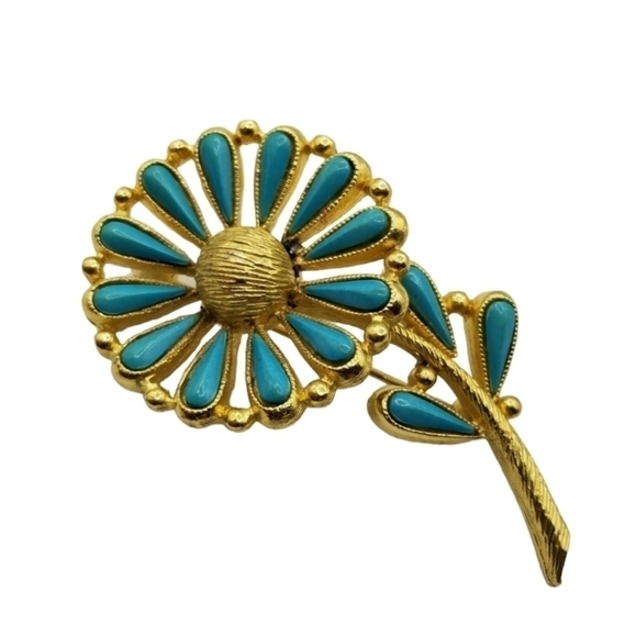 Vintage BSK Turquoise Gold Tone Flower Daisy Costume Jewelry Pin Brooch Signed - Picture 1 of 10